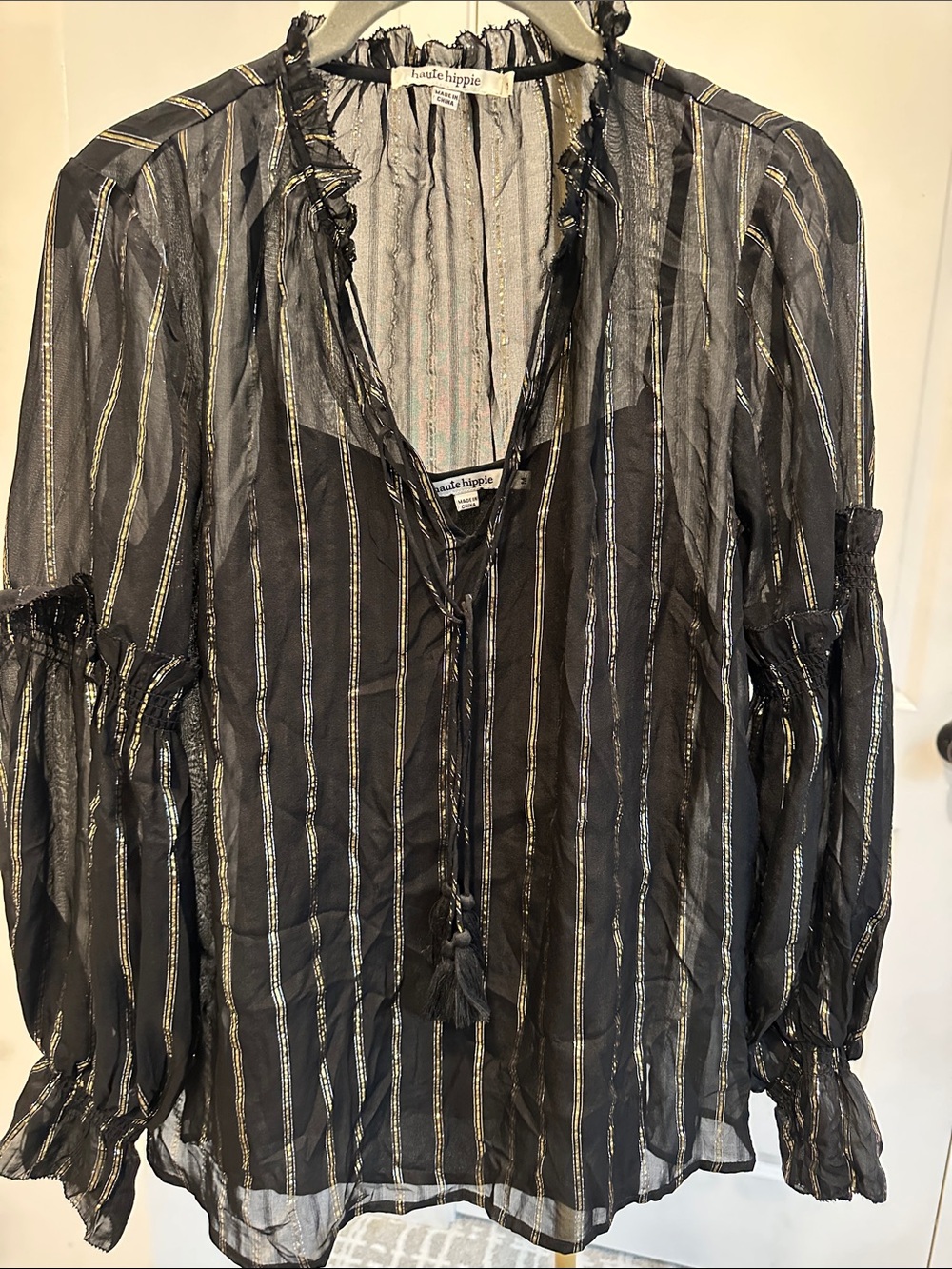 Sadie & Sage Black Sheer Blouse with Metallic Stripe Detail